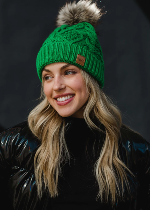 Cable Knit Pom Beanie - Elf Green