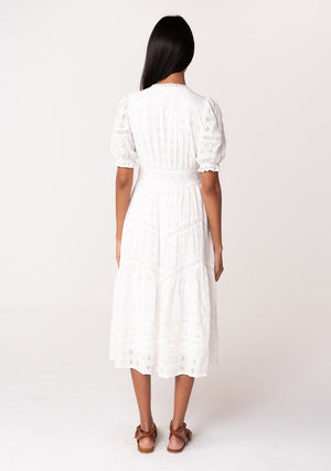 Eyelet Puff Sleeve Midi Dress White