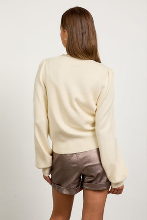 Puff Sleeve Ribbon Trim Cardigan Cream