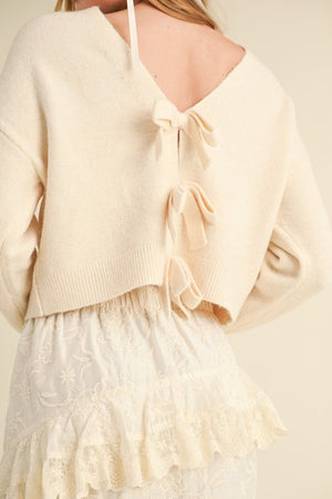 Claudette V Neck Bow Detail Sweater Cream