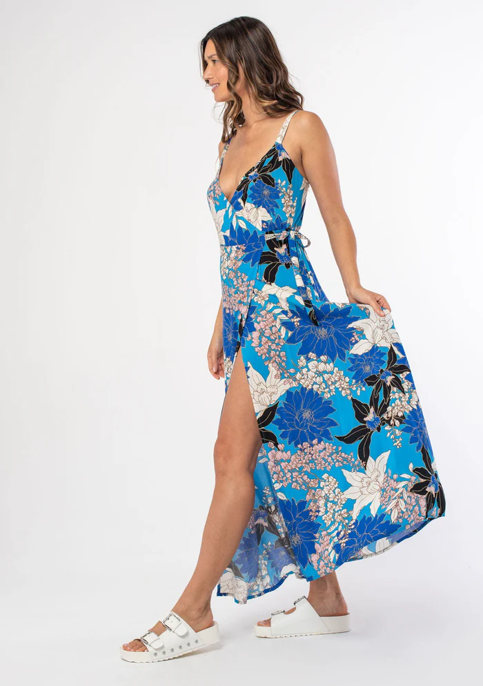 Vibrant Floral Sleeveless Wrap Dress Turquoise/Black