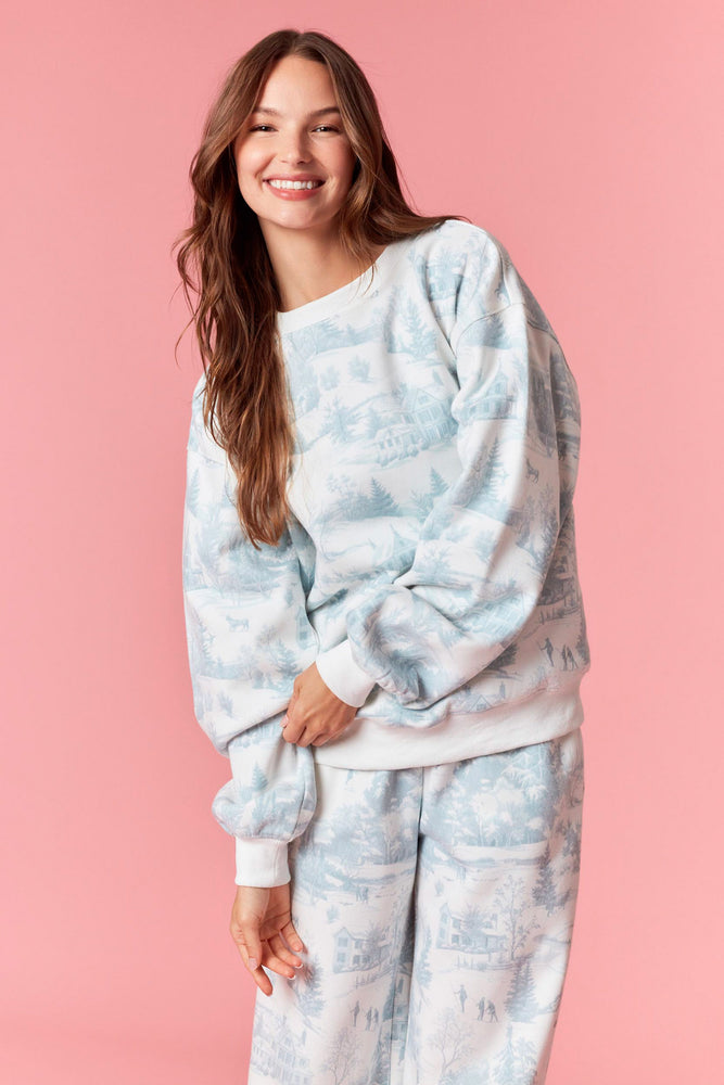 Holiday Toile Fleece Terry Sweatshirt Dusty Blue