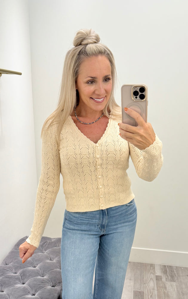 Pointelle Knit Scallop Cardigan Cream