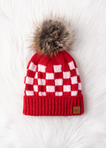 Cable Knit Pom Beanie - Pink/Red Festive Check