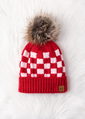 Cable Knit Pom Beanie - Pink/Red Festive Check