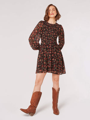 Autumnal Ditsy Smocked Neck Dress