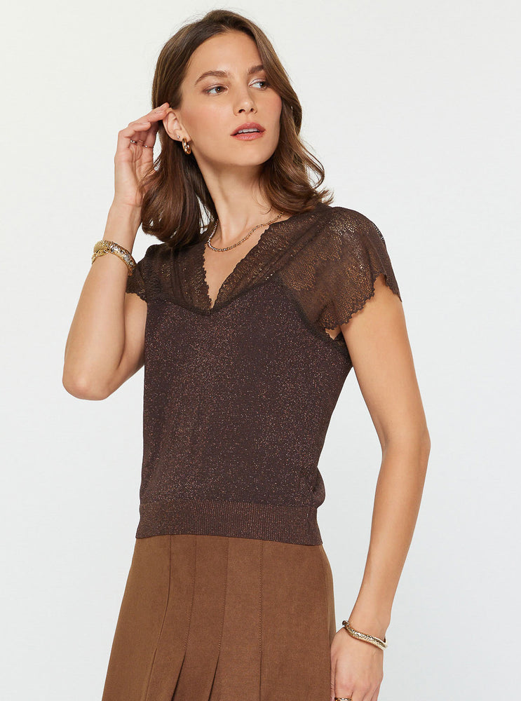 Charlotte Lace Shoulder Top Brown