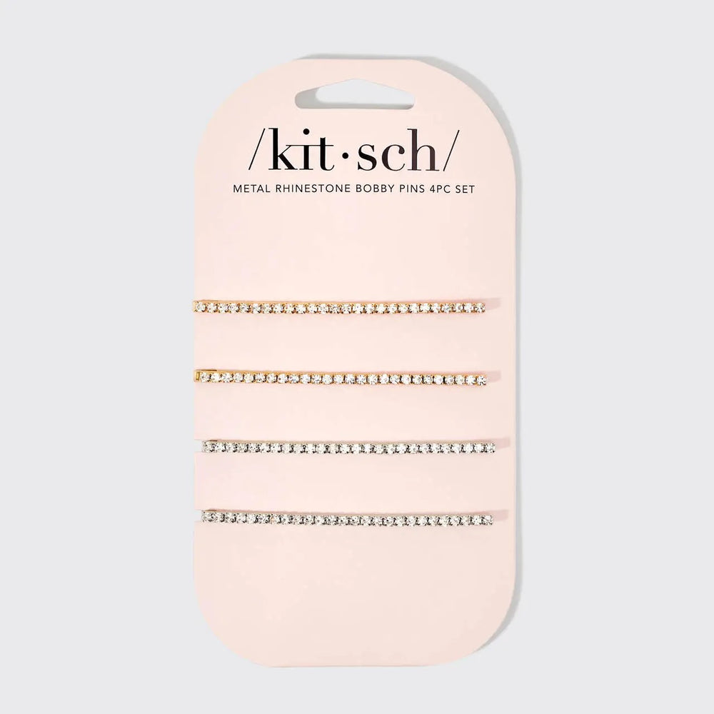 Rhinestone Extra Long Bobby Pins 4pc Set - Gold/Silver