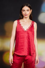 Lace Trim Satin Cami Red