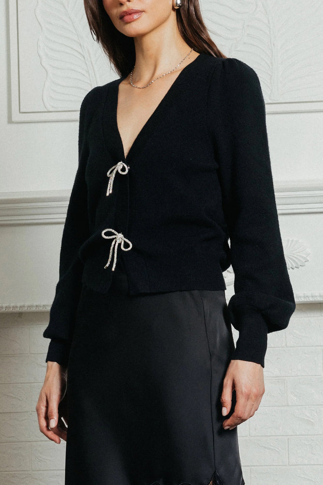 Ribbon Trim Puff Sleeve Cardigan Black