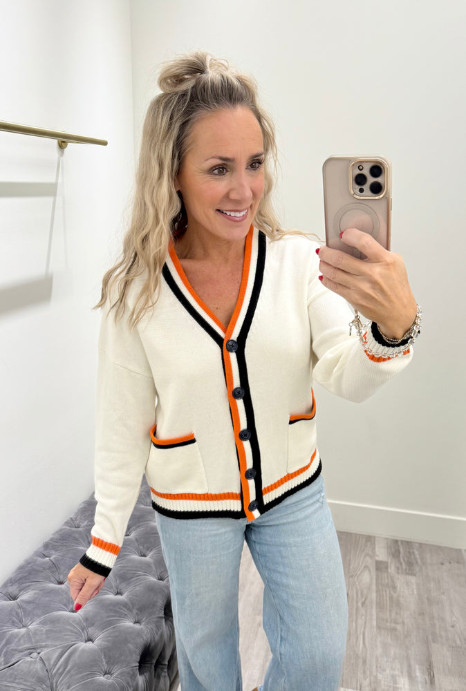 Varsity Knit Cardigan 1868 Ivory/Black/Orange