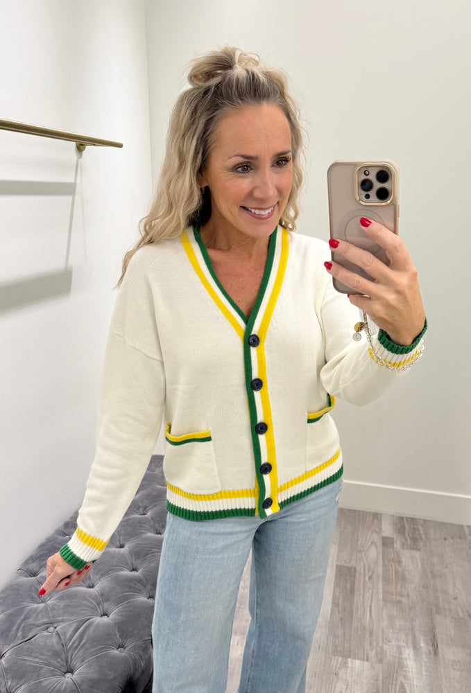 Varsity Knit Cardigan 1876 Ivory/Yellow/Green