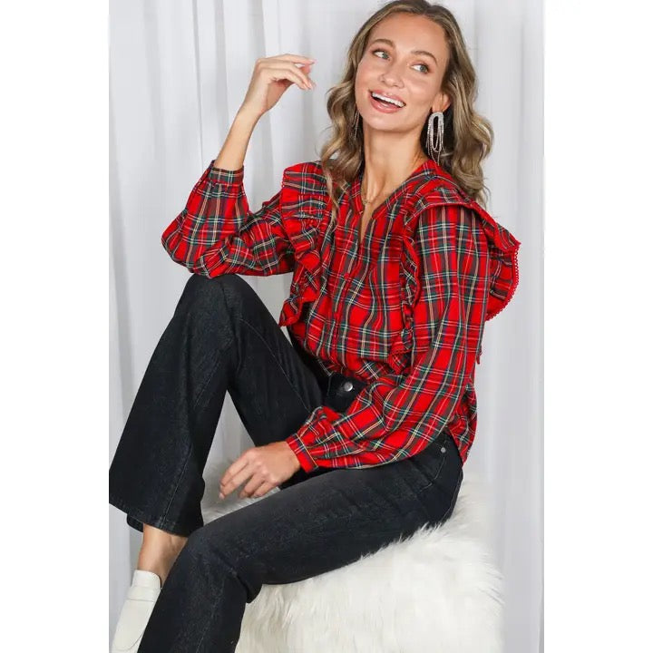 Petra Split Neck Ruffle Plaid blouse