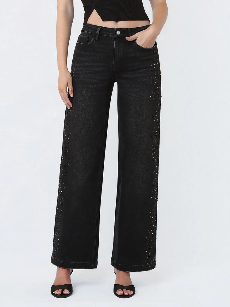 Roxy High Rise Wide Leg Rhinestone Denim Black