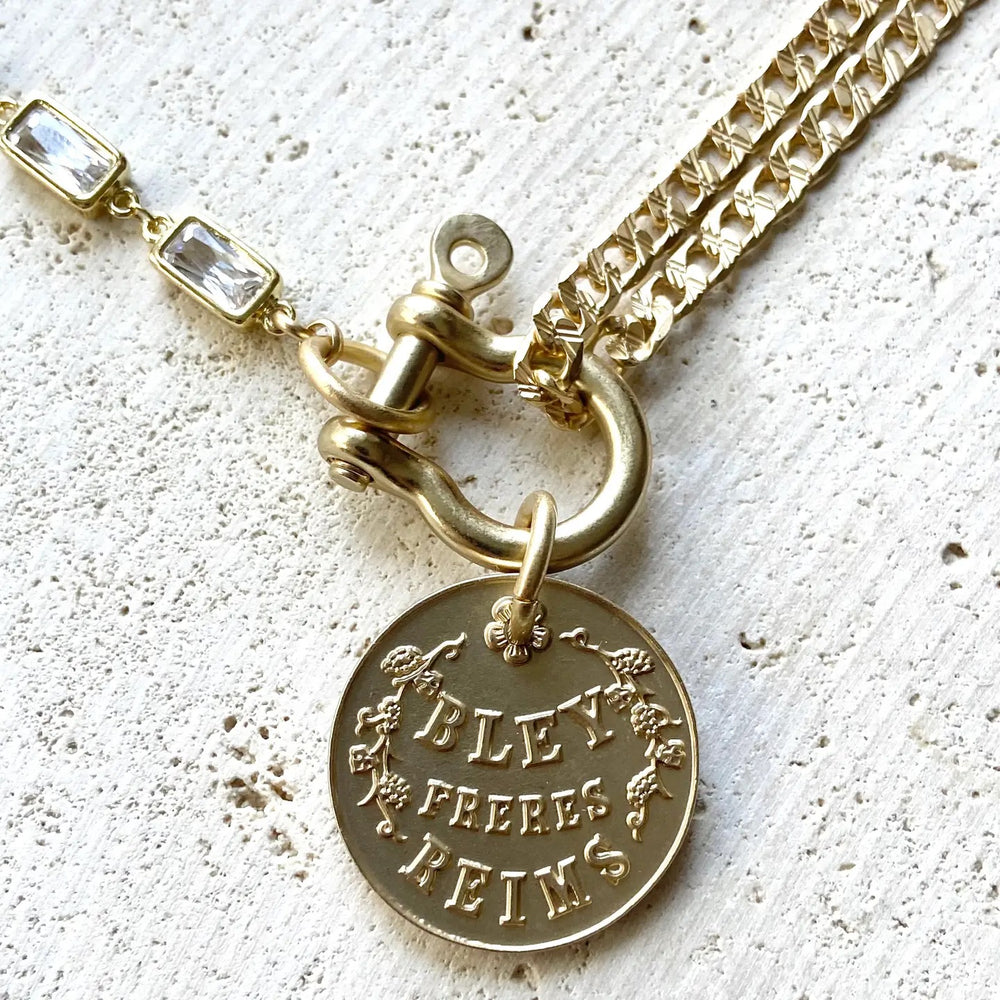 French Champagne Coin Necklace Matte Gold