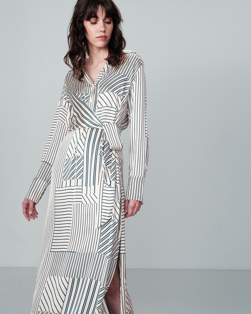 Nice Satin Stripe Dress Ecru-Mapel Boutique