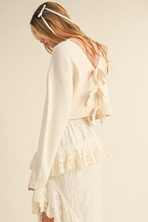 Claudette V Neck Bow Detail Sweater Cream