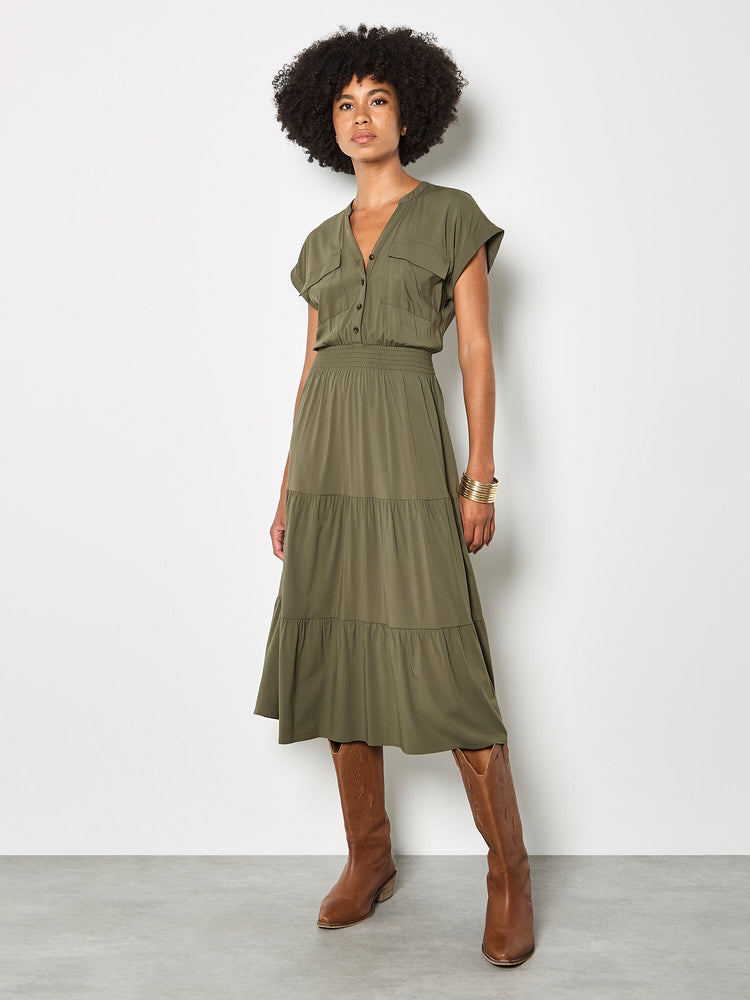 khaki tiered midi dress Tiered V Neck Utility Dress Khaki – Mapel Boutique