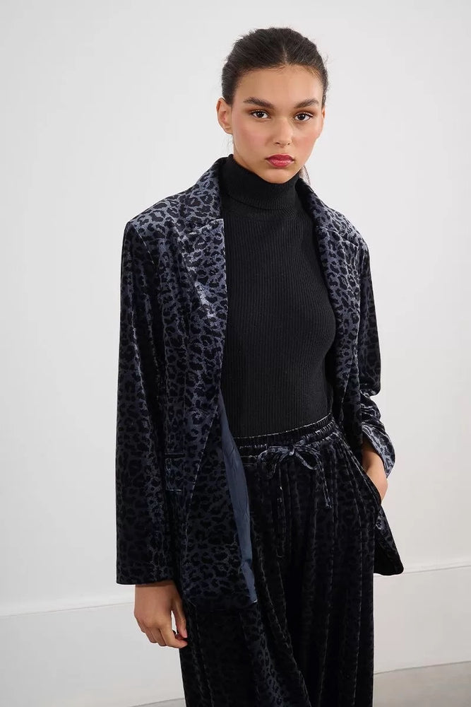Velvet Blazer Dark Grey Leopard