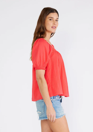 Lace Trim Square Neck Puff Sleeve Blouse Hibiscus