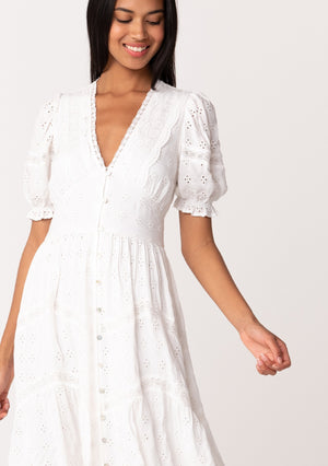 Eyelet Puff Sleeve Midi Dress White