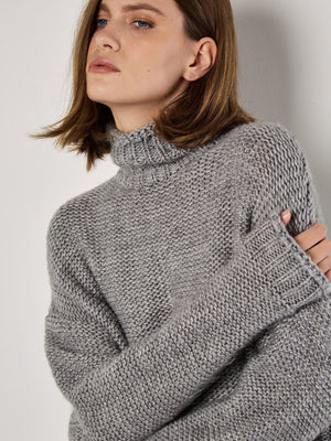 Oversized Mock Neck Chunky Sweater Grey