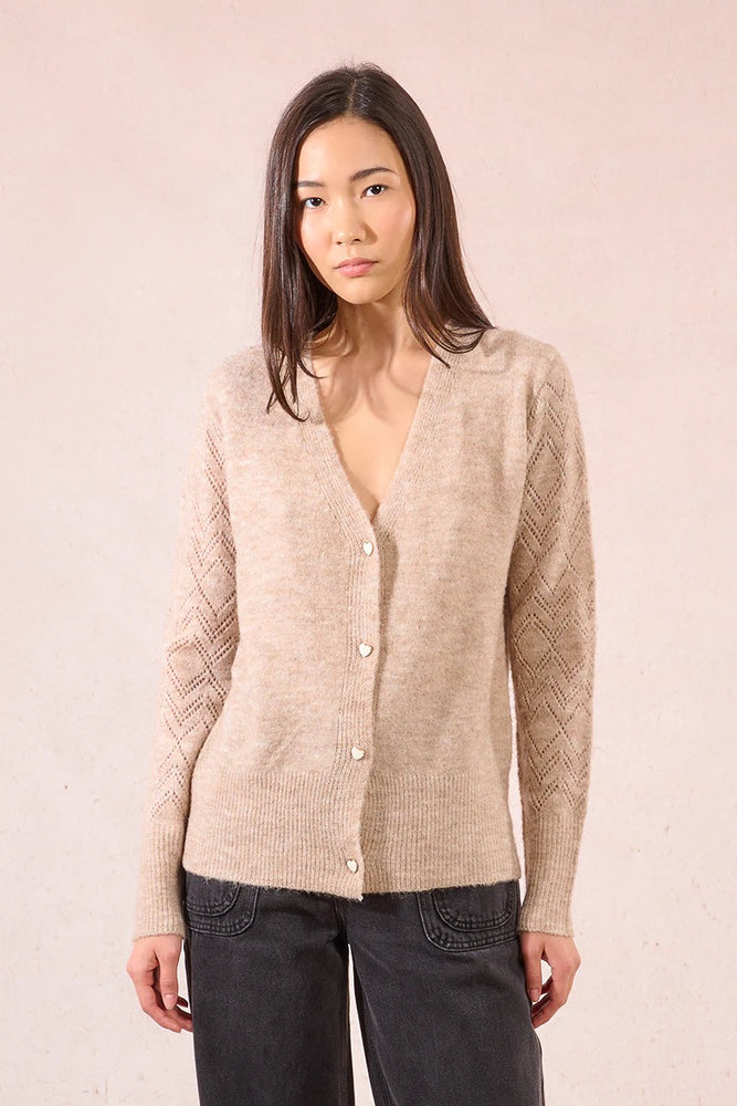 Openwork Fine Knit Cardigan Beige