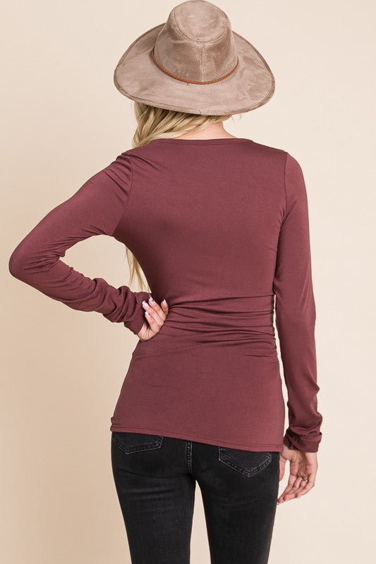 
            
                Load image into Gallery viewer, Marcy Long Sleeve Pleated Waist Top Currant
            
        