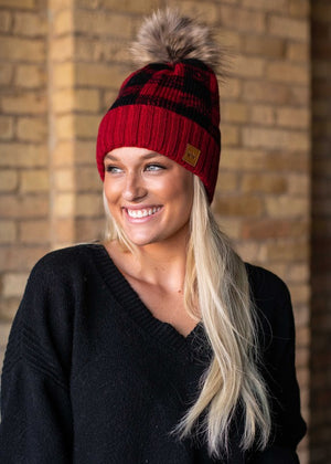 Pom Hat - Buffalo Plaid Red/Black