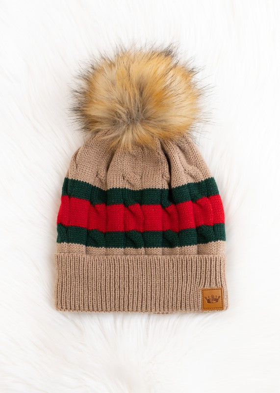 Pom Hat - Tan w/ Red and Green Stripe