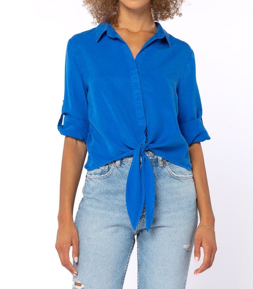 Solange Roll Tab Sleeve Top Victoria Blue