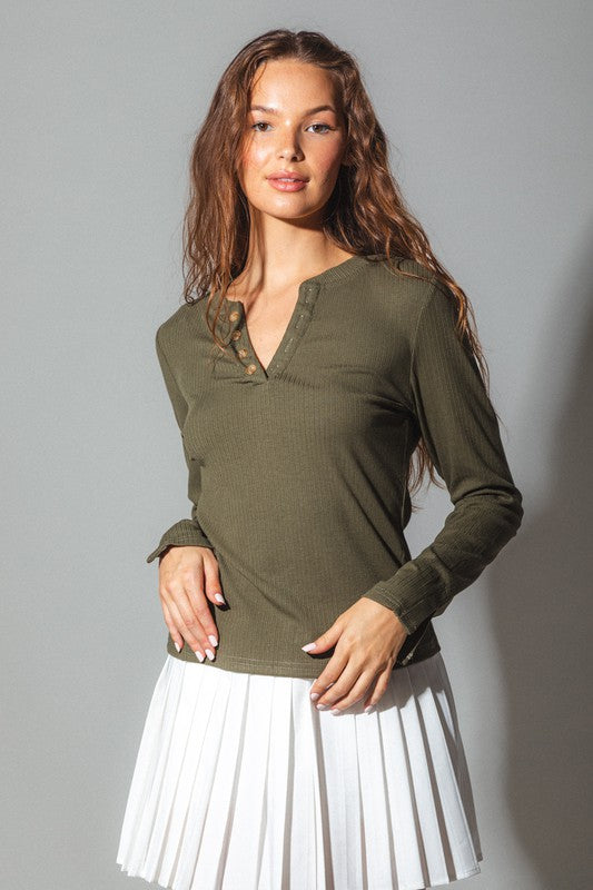 
            
                Load image into Gallery viewer, Andrea Button Detail Long Sleeve Top Olive
            
        