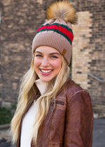 Pom Hat - Tan w/ Red and Green Stripe