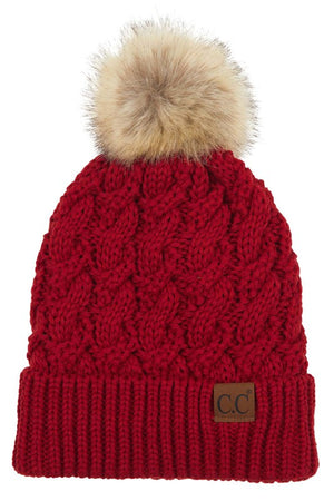 Ribbed Knit Beanie w/ Fuzzy Lining Red