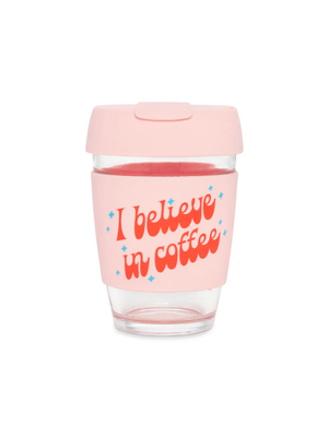 
            
                Load image into Gallery viewer, Glass Travel Mug 12oz, I Believe in Coffee
            
        