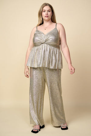 Metallic Wide Leg Pull-On Pants Champagne