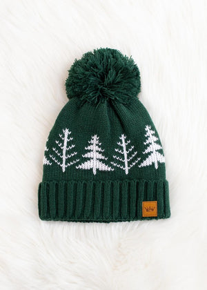 Pom Hat - Green w/ White Trees