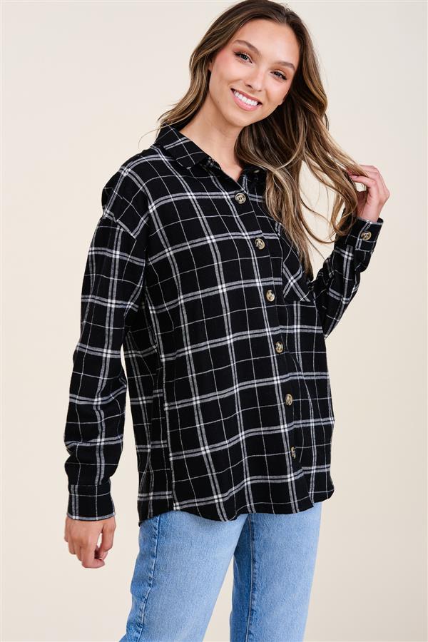 
            
                Load image into Gallery viewer, Betty Long Sleeve Button Down Plaid Black/Ivory
            
        