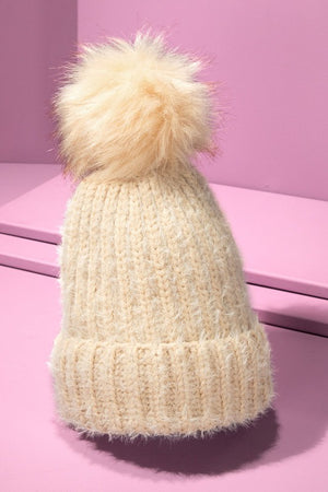 
            
                Load image into Gallery viewer, Snow Day Eyelash Knit Beanie w/ Faux Fur Pom Pom Beige
            
        
