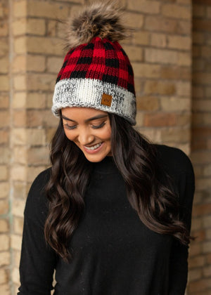 Pom Hat - Buffalo Plaid Red/Black w/ Grey Trim