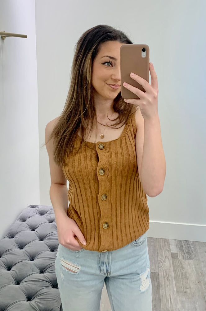 
            
                Load image into Gallery viewer, Bailee Button Down Ribbed Sleeveless Sweater Toffee
            
        