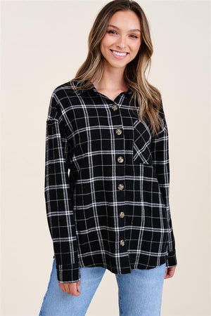 
            
                Load image into Gallery viewer, Betty Long Sleeve Button Down Plaid Black/Ivory
            
        