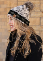 Pom Hat - Grey Heather w/ Green Plaid Trim