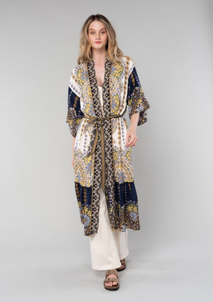 
            
                Load image into Gallery viewer, Floral Self Tie Maxi Kimono OSFM Ivory/Lilac
            
        