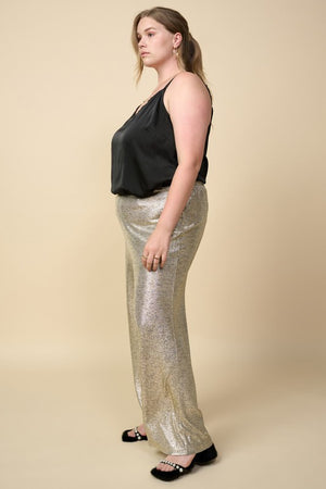 Metallic Wide Leg Pull-On Pants Champagne