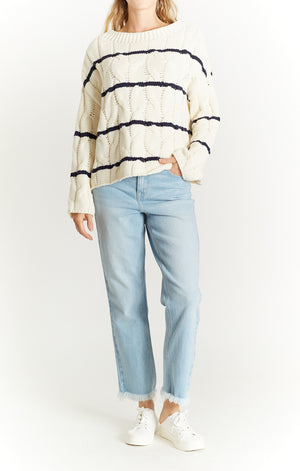 
            
                Load image into Gallery viewer, Cable Knit Top Bone / Indigo Stripe
            
        
