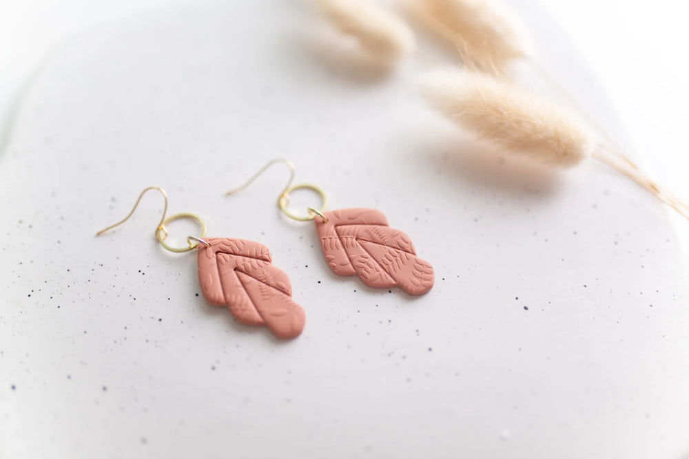 
            
                Load image into Gallery viewer, Clay Earrings Floral Leaf Dangle Rust
            
        