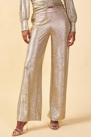 Metallic Wide Leg Pull-On Pants Champagne