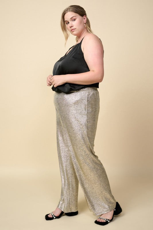 Metallic Wide Leg Pull-On Pants Champagne