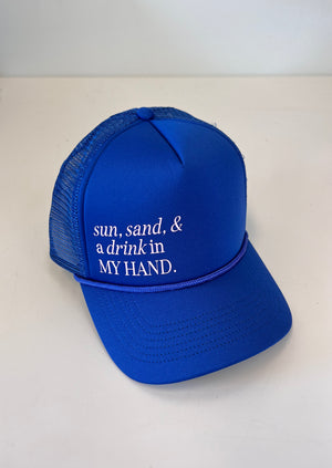 
            
                Load image into Gallery viewer, Trucker Hat - Sun, Sand, &amp;amp; A Drink in My Hand
            
        